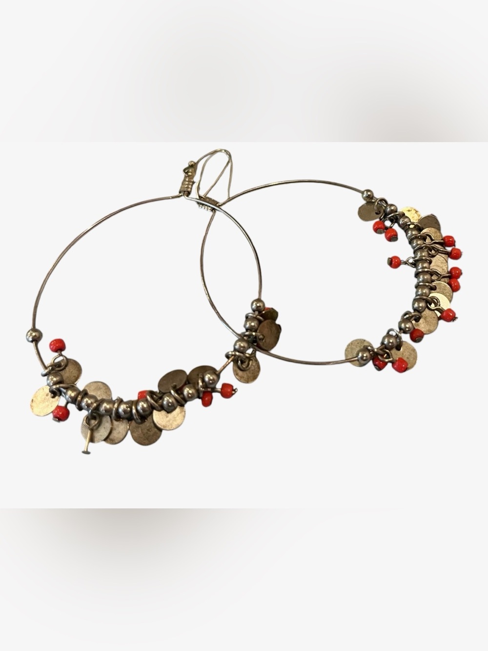 Silver Hoop Earrings with Red Bead Accents